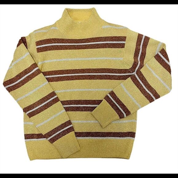 Vtg Gold Bronze Metallic Striped Mock Neck Sweater - Picture 1 of 5